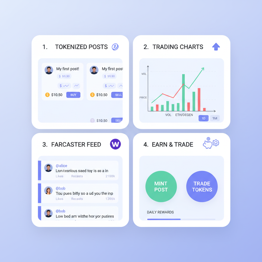 UI mockup of SocialFi mini app with tokenized posts, trading charts, Farcaster feed