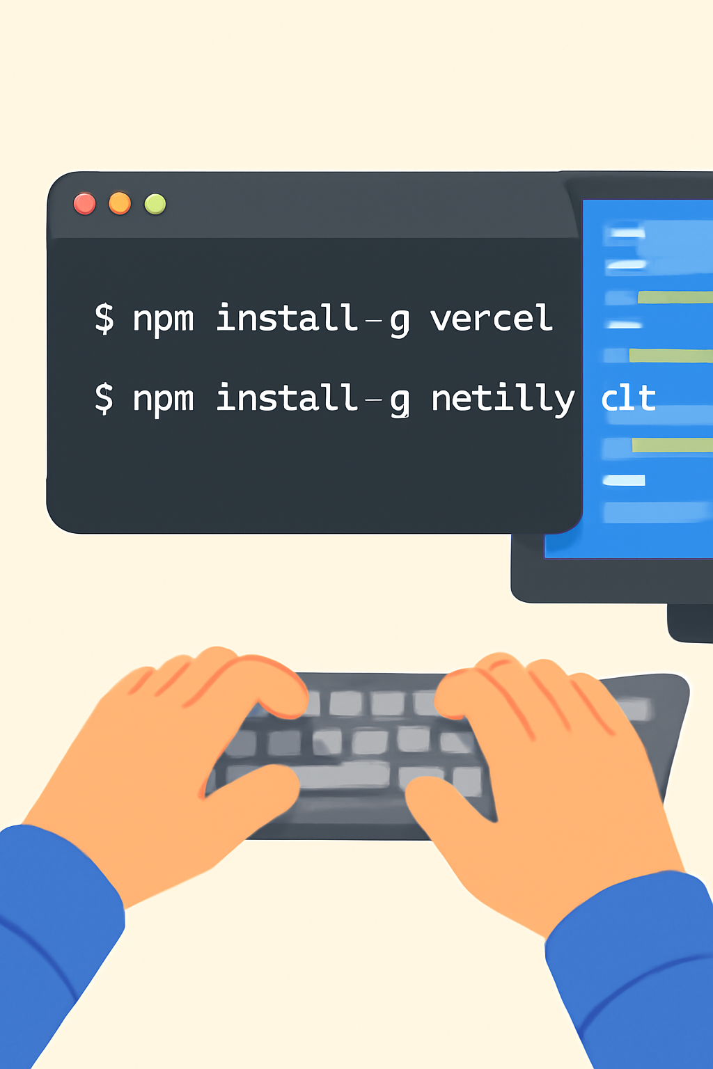 A terminal window with installation commands for Vercel and Netlify CLI, developer hands typing, coding environment