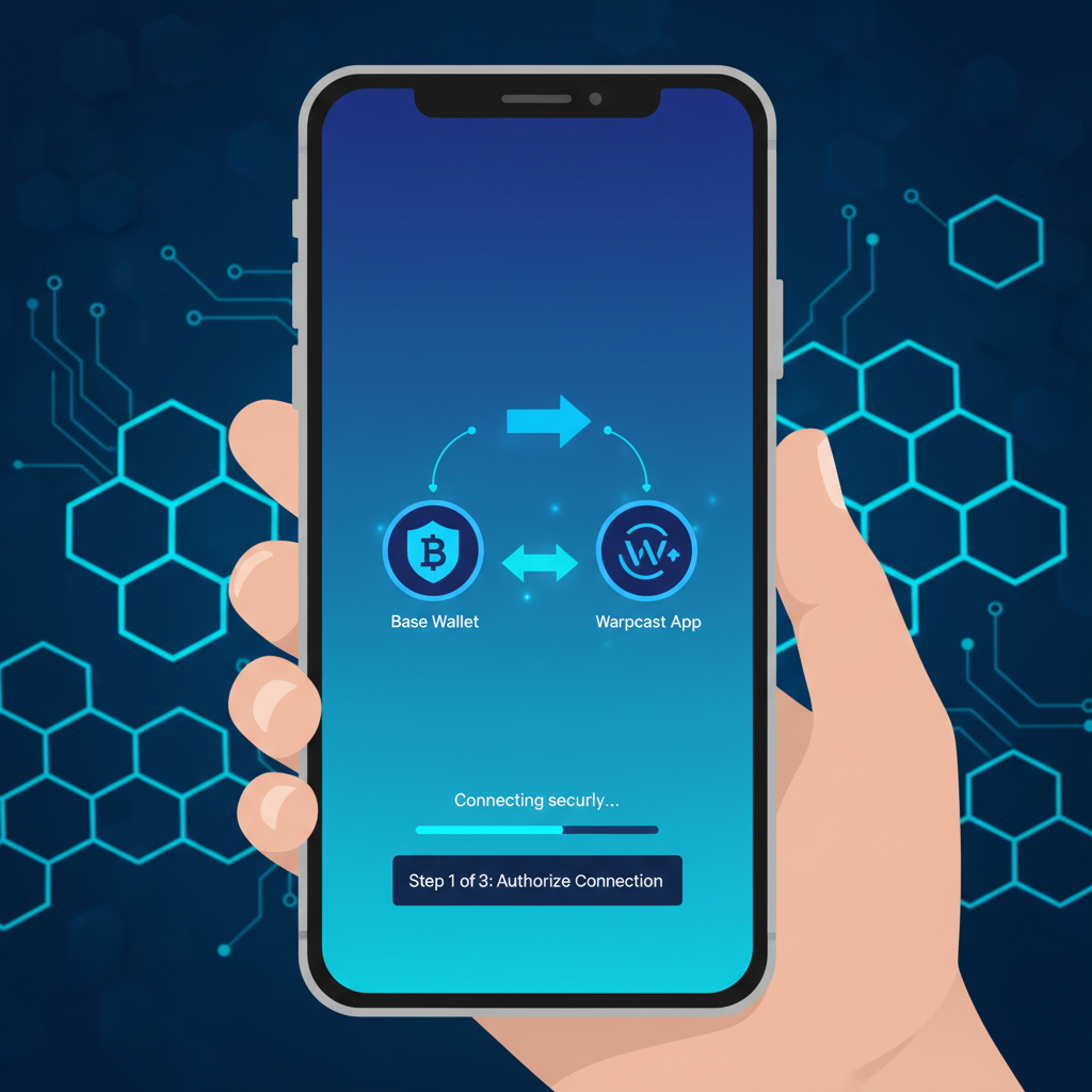 sleek mobile screen showing Base wallet connecting to Warpcast app, futuristic crypto interface, blue tones