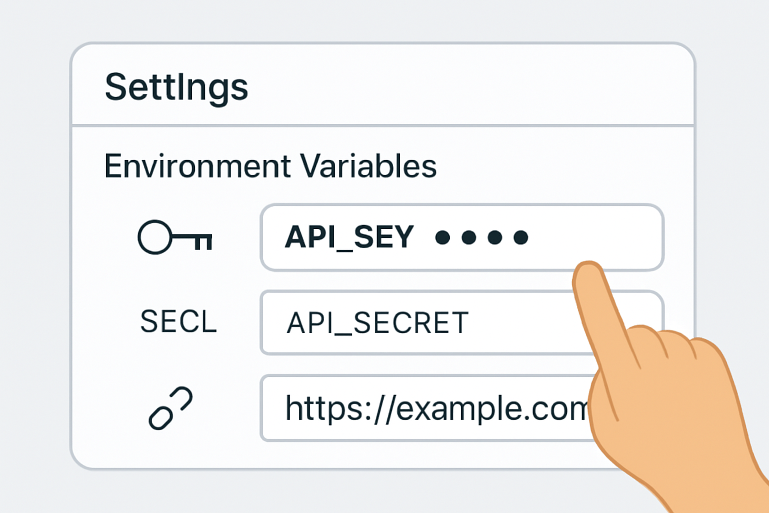 A settings dashboard with environment variable fields being filled out, icons for keys and URLs, clean and modern UI