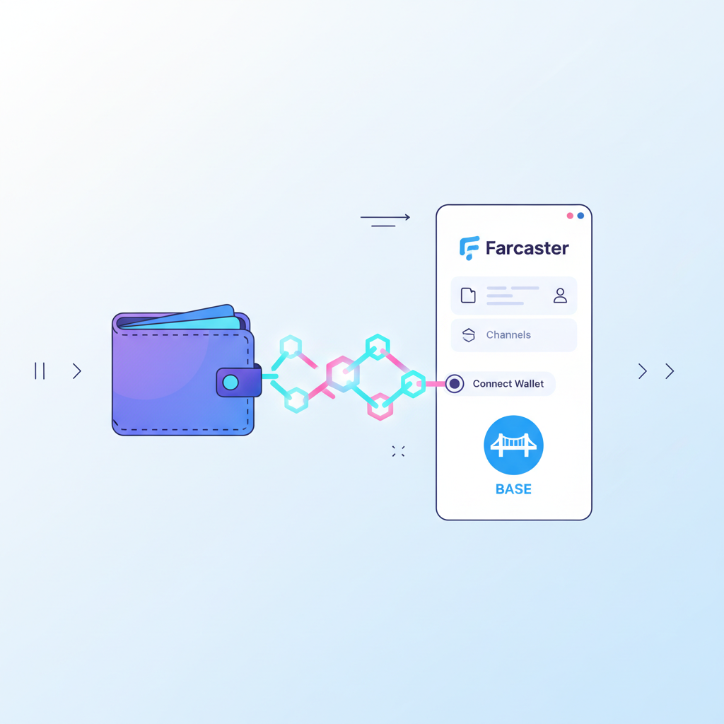wallet connecting to Farcaster interface, glowing chain links, Base network logo, modern web3 dashboard