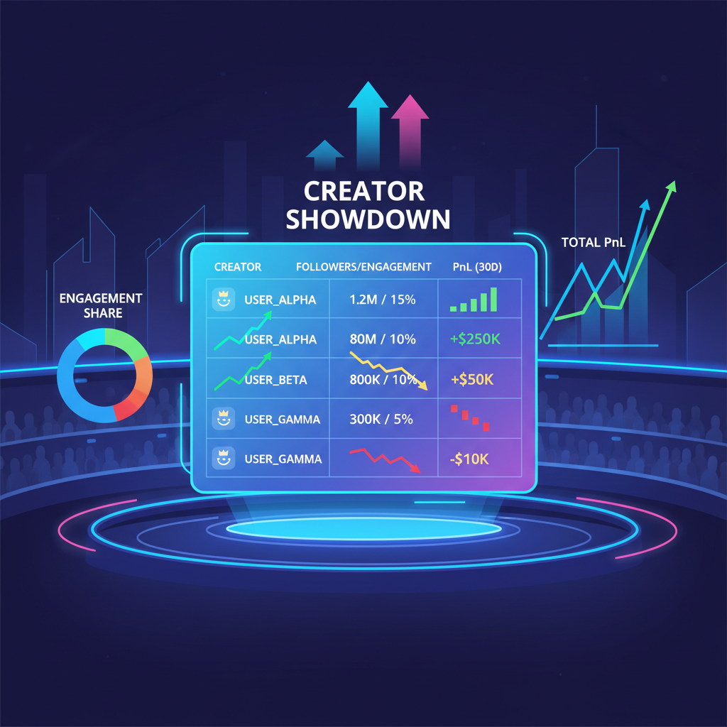 glowing leaderboard with creator stats and PnL graphs, rising charts, competitive SocialFi arena, neon leaderboard display