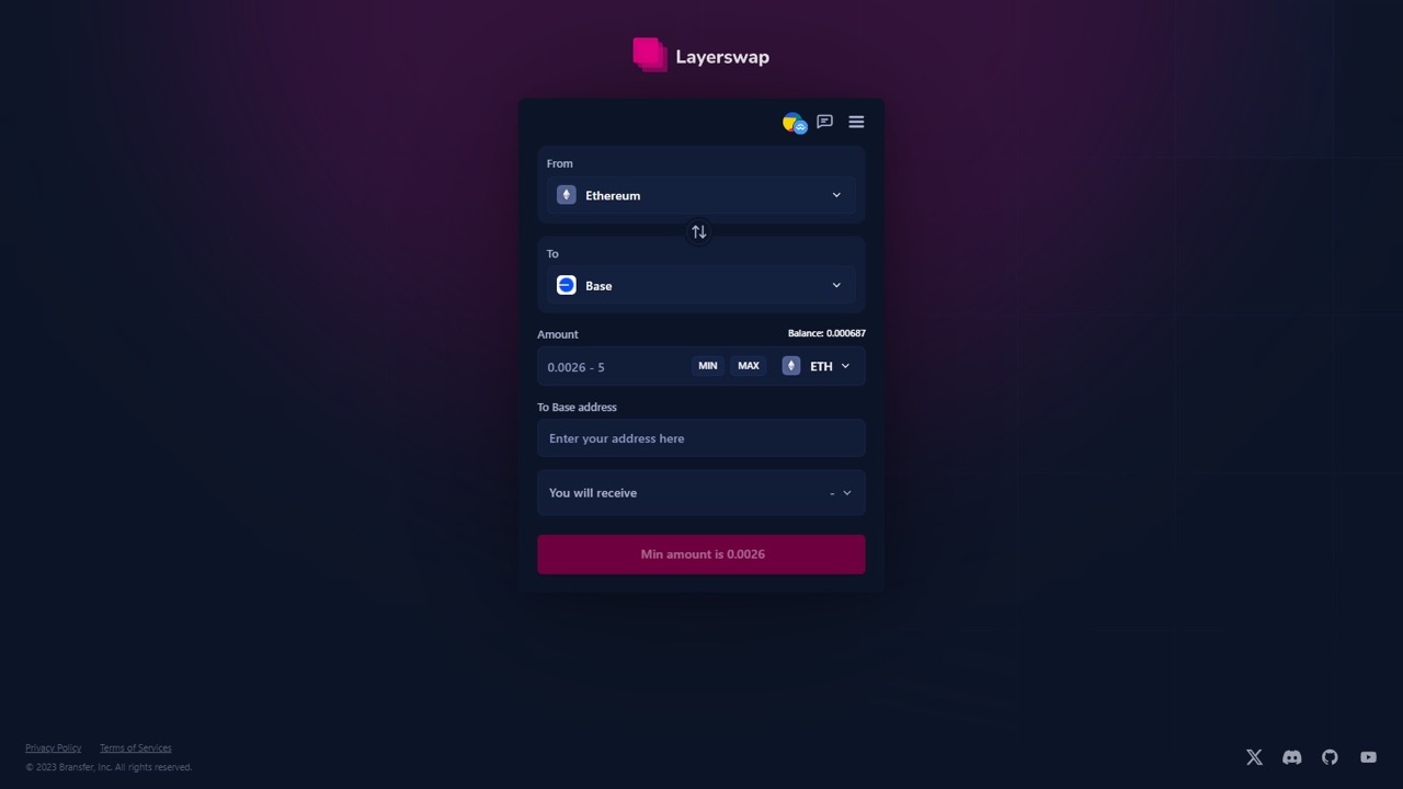 Base network wallet with bridged ETH or USDC