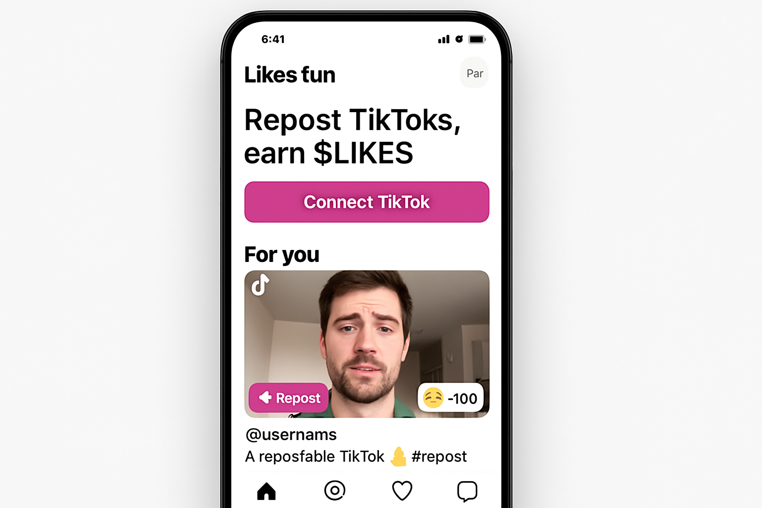 Screenshot of Likes.fun mini app interface displaying TikTok reposts and $LIKES rewards on Farcaster