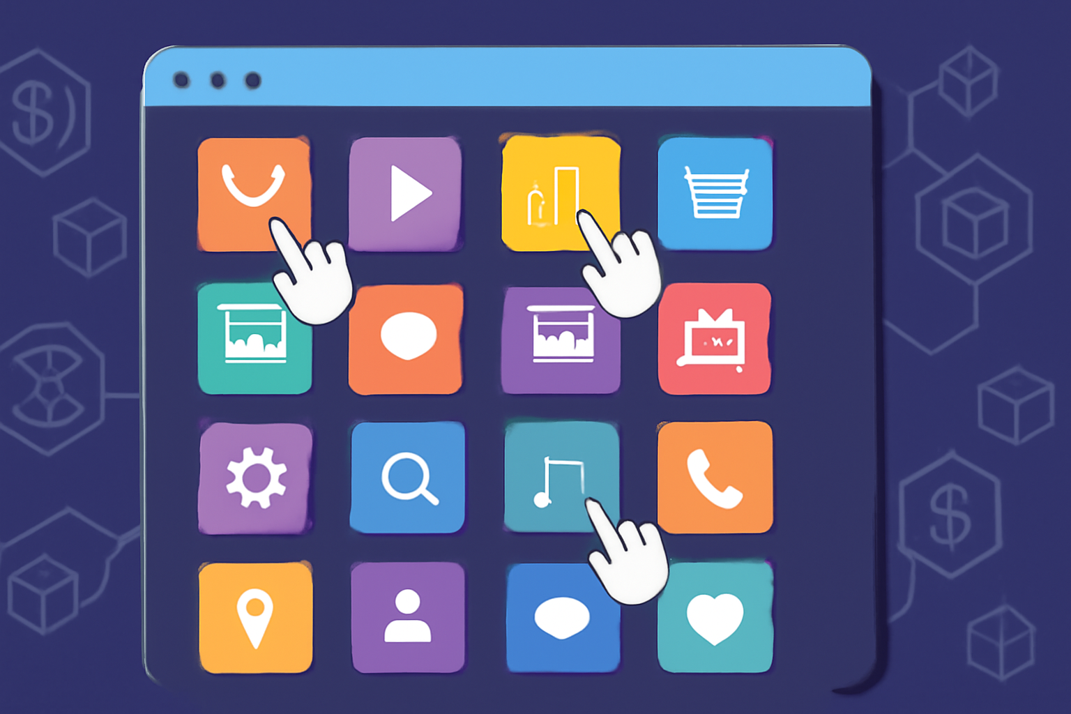A dashboard showing multiple colorful mini-app icons being clicked, blockchain motifs in the background