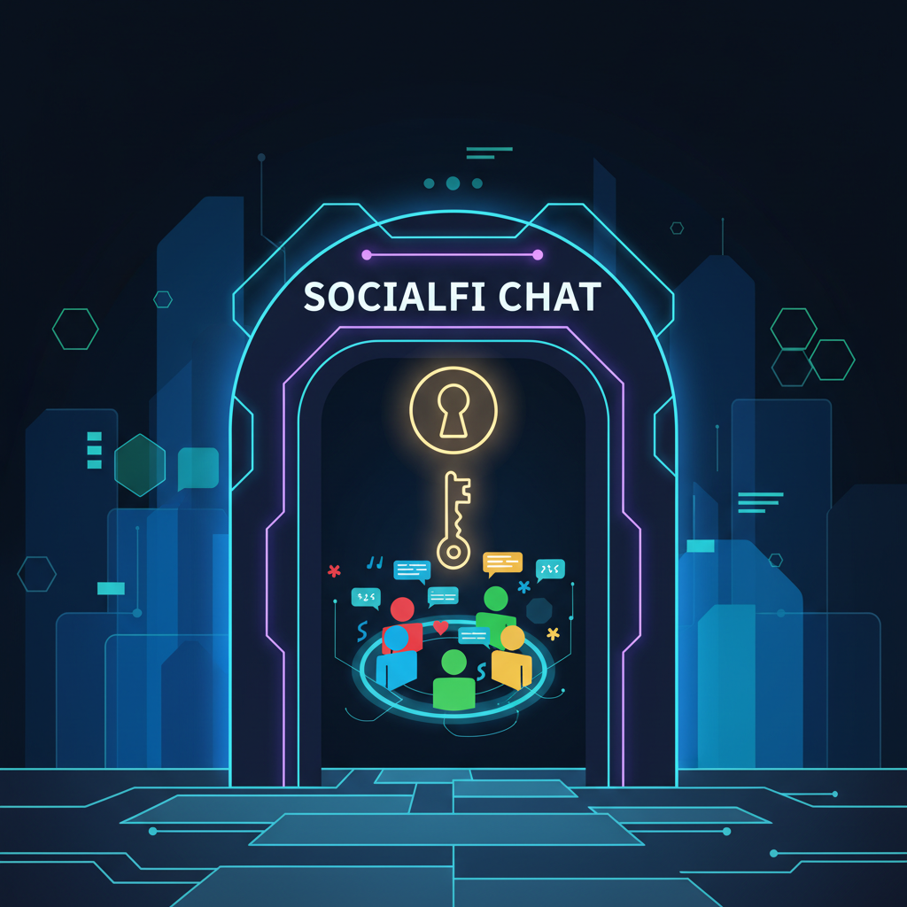 exclusive neon-lit chatroom entrance with key unlock, diverse avatars chatting, SocialFi theme, immersive cyber interface