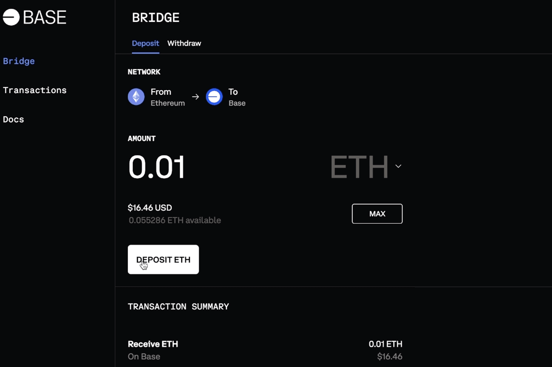 Base network ETH bridge and token transaction screenshot