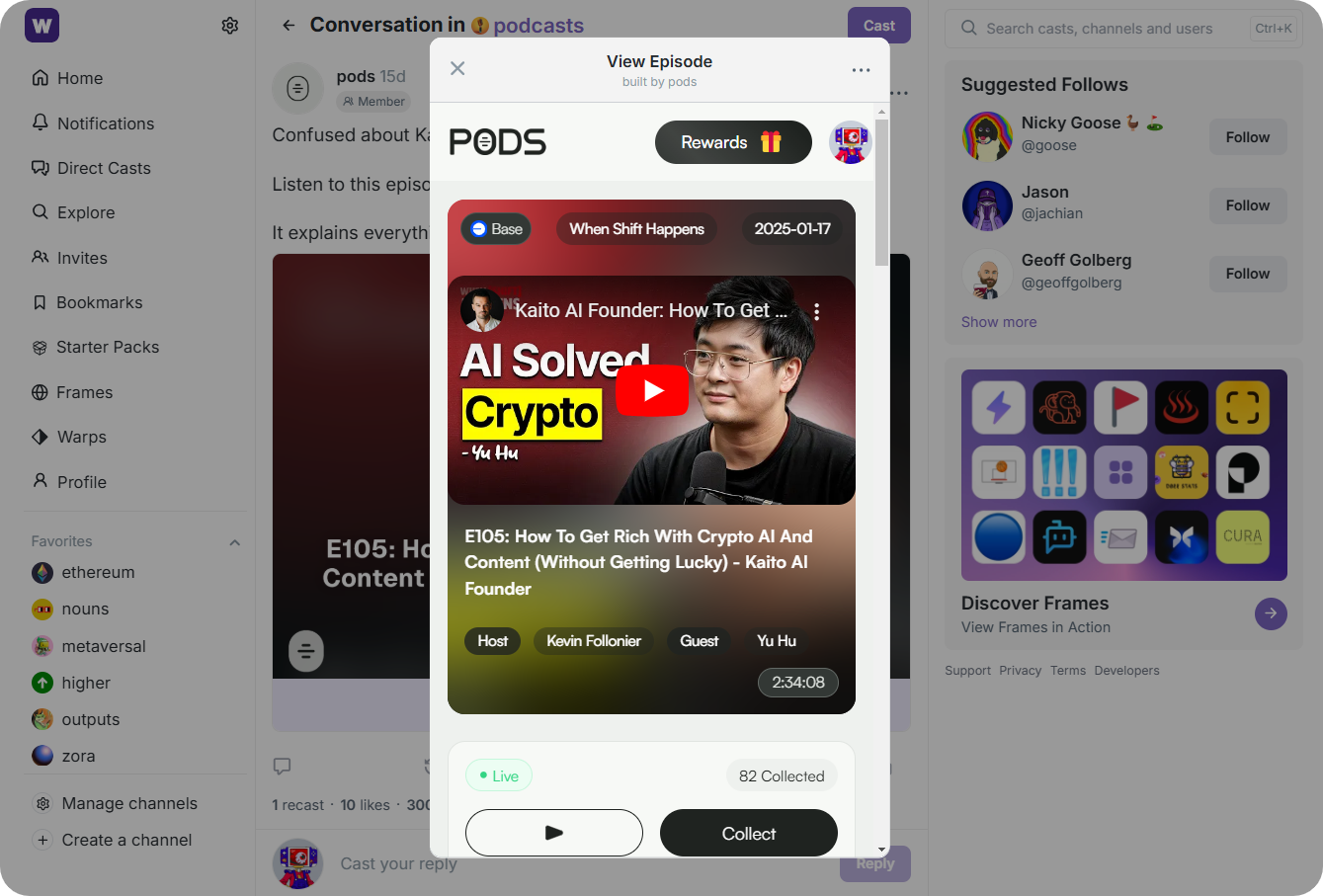Screenshot of a Farcaster Mini App running inside the Base App feed, showcasing onchain social features and seamless integration.