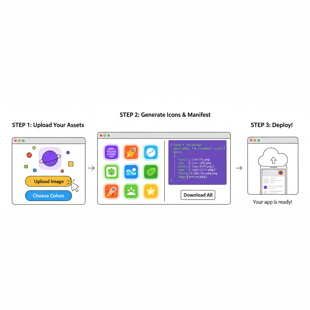 Web tool generating app icons and farcaster.json manifest file, vibrant digital assets on screen